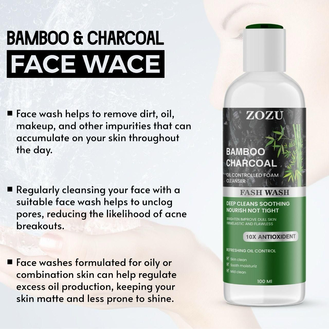 ZOZU 10× Charcoal Face Wash – Deep Cleanse + Glow Boost | 100 ml